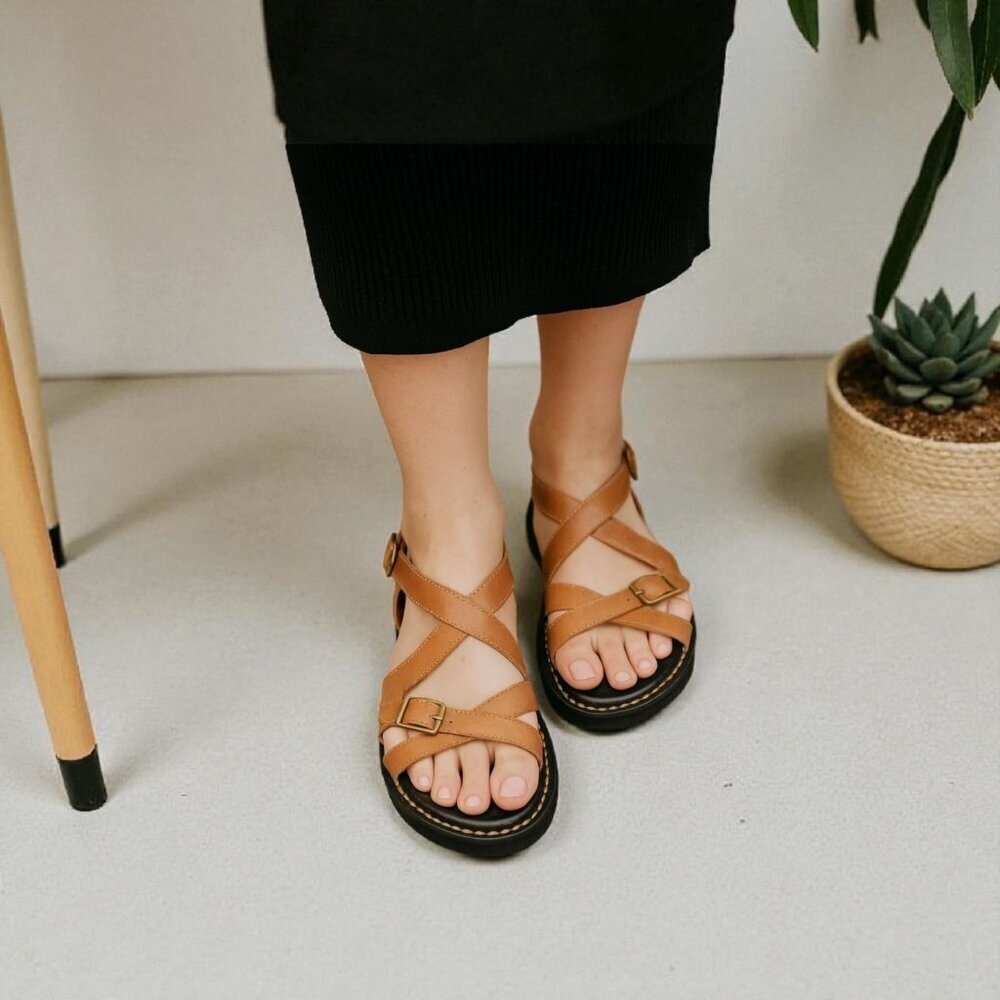 MAGO Leather Sandals Brown | Comfort Strappy Slides | Size 39 EU / 8.5 US